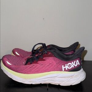 Hoka Women's Berry and Black Athletic Shoes well worn. Clifton 8